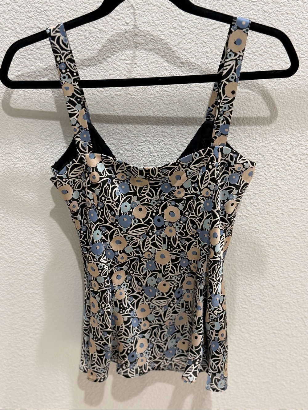 LOFT Black Floral Square-Neck Cami with Blue and Tan Flowers